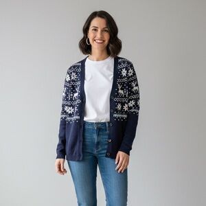 Nordic Fair Isle Knit Cardigan - Navy & White - Size XL